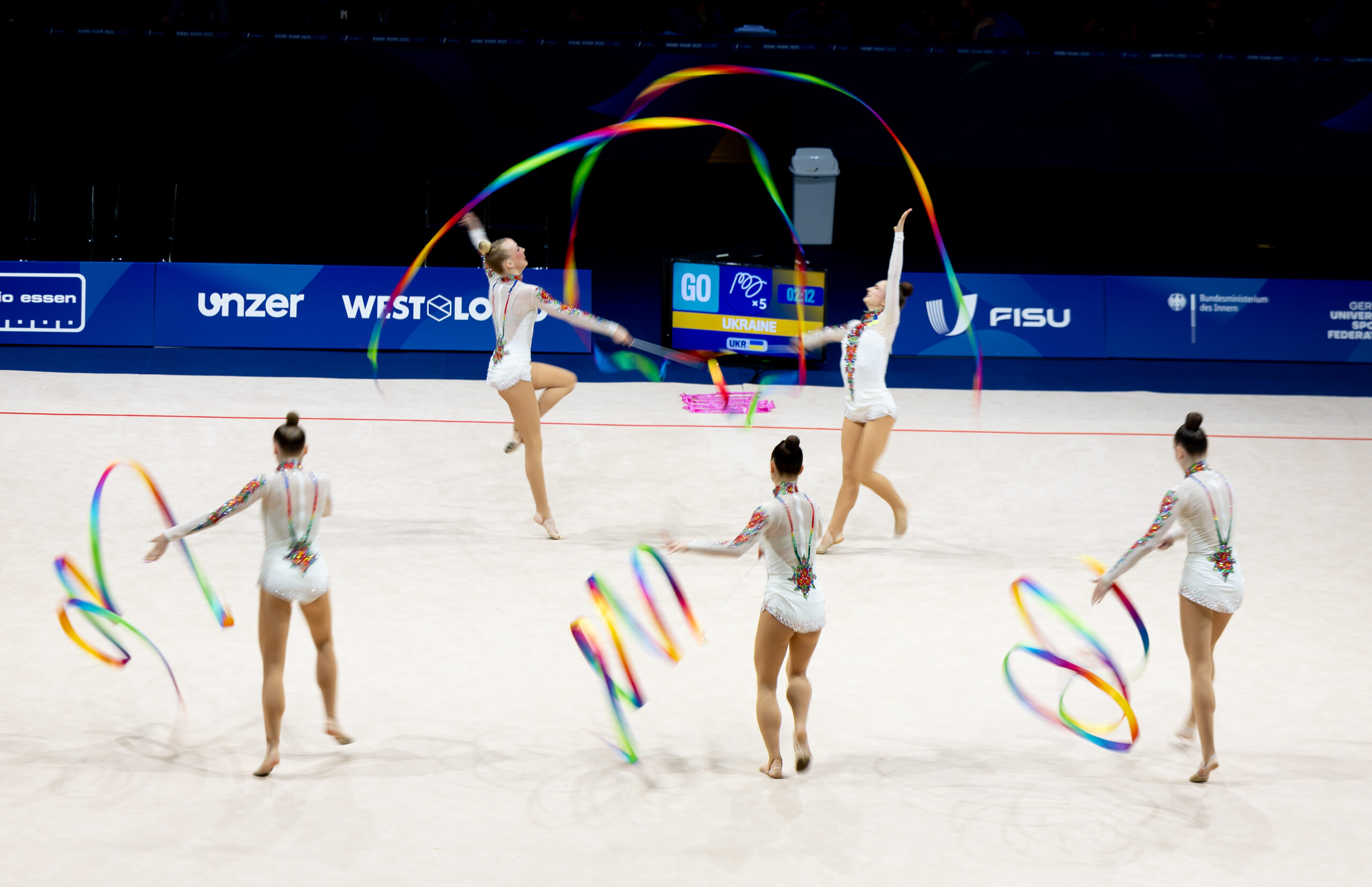 Rhine-Ruhr 2025 FISU Games | 17.07.2025 | Messe Essen Hall 4 | Essen | Ukrain Rhythmic Gymnastics Group All Around (5 Ribbons) | X | © Rhine-Ruhr 2025/Iris van den Broek